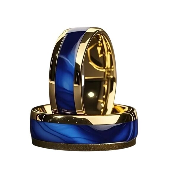 Tungsten Steel Men's Fashion Ring 8MM High Polished Red Marble gold plated rims - Picture 2 of 2